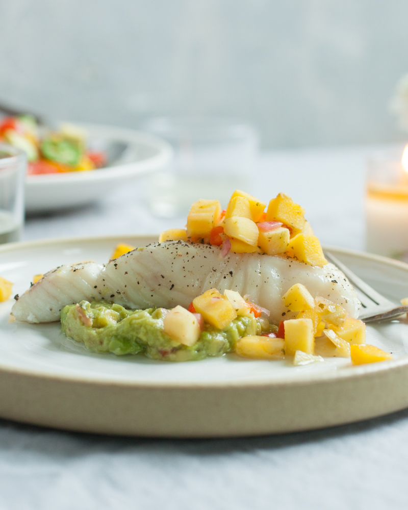 slow roasted halibut with mango salsa and guacamole
