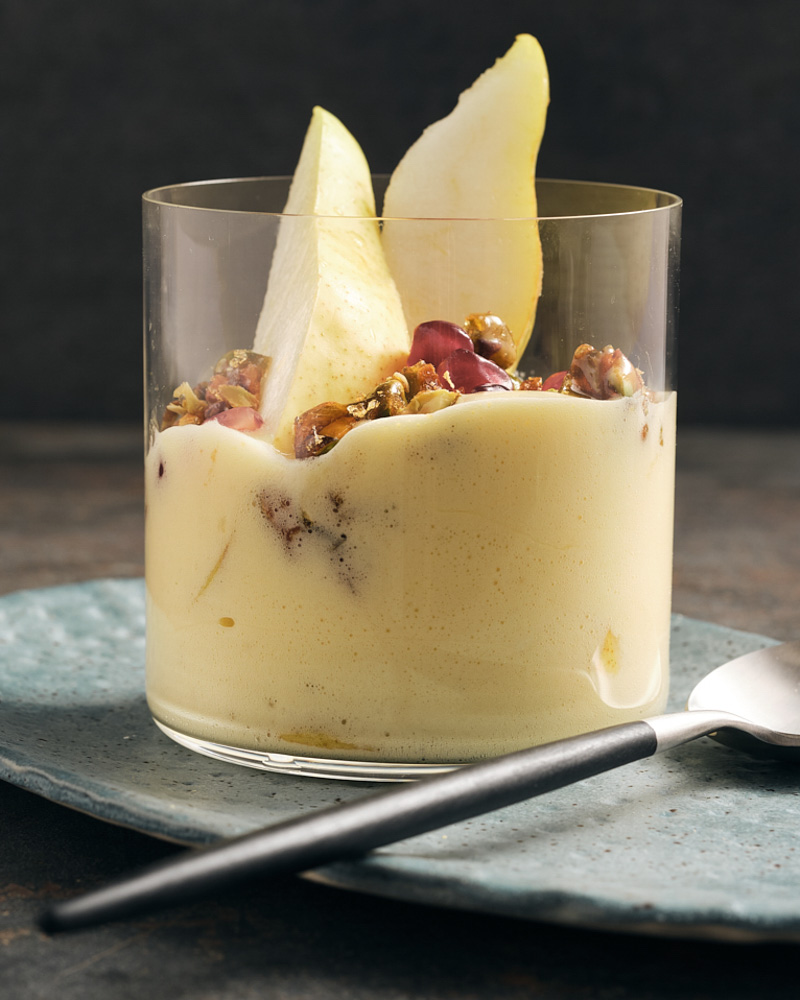 holiday pears with sabayon and candied pistachios