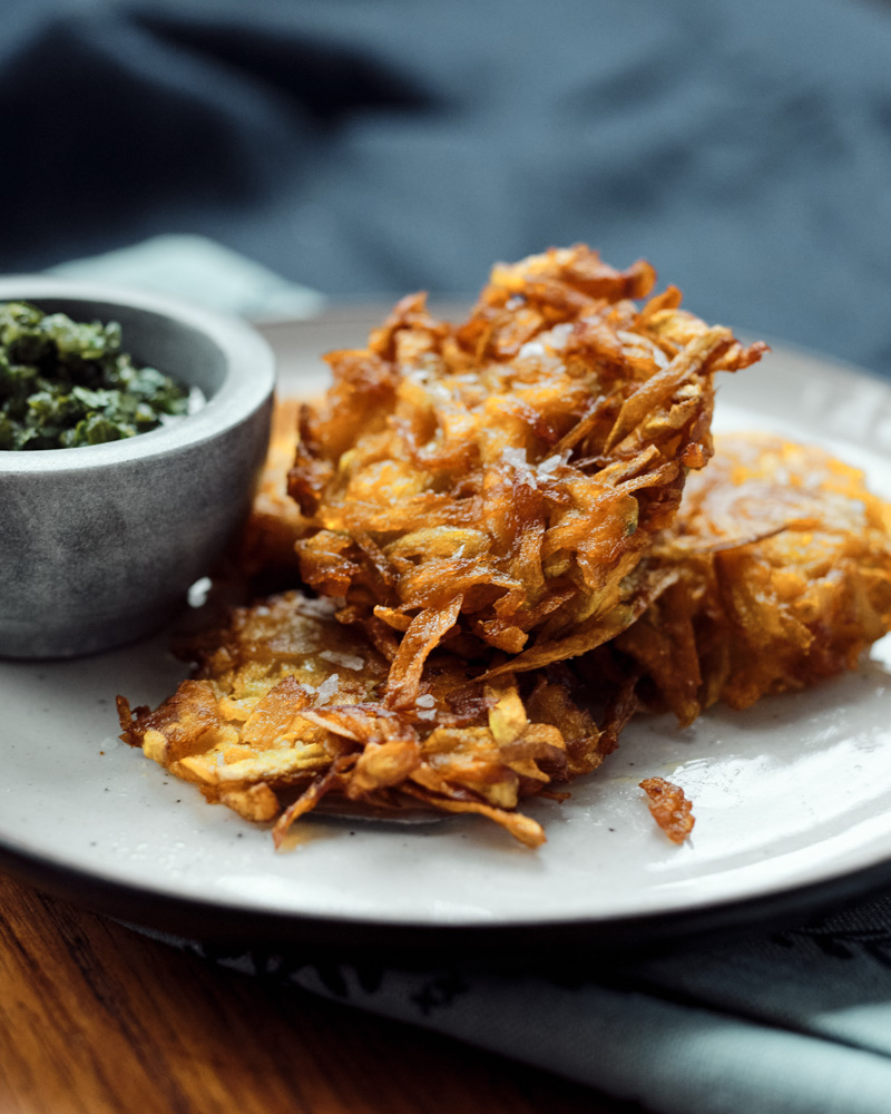 squash latkes with cilantro gremolata
