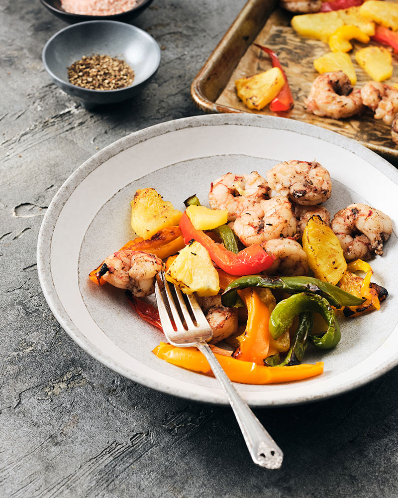 jerk shrimp, peppers, and pineapple sheet pan dinner