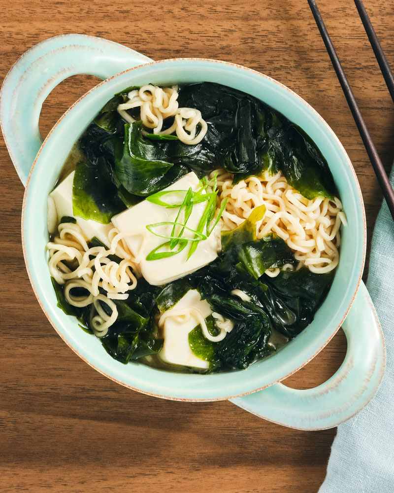 miso ramen with soft tofu and sea greens