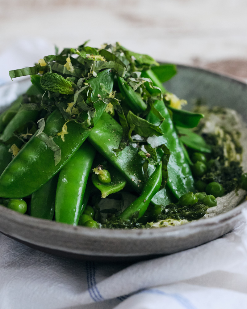 pea and mint salad on labneh