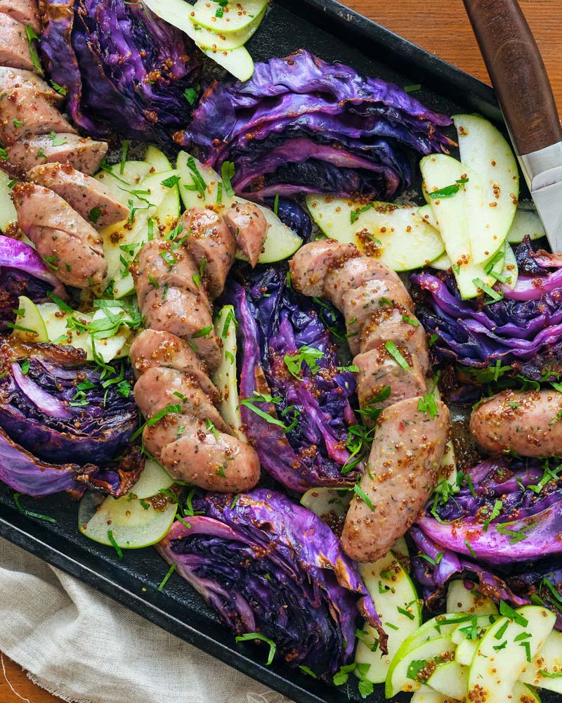 sheet pan sausage, cabbage, and apples