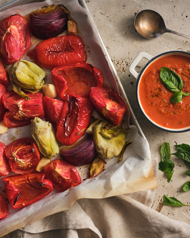 tomato, bell pepper, and artichoke soup