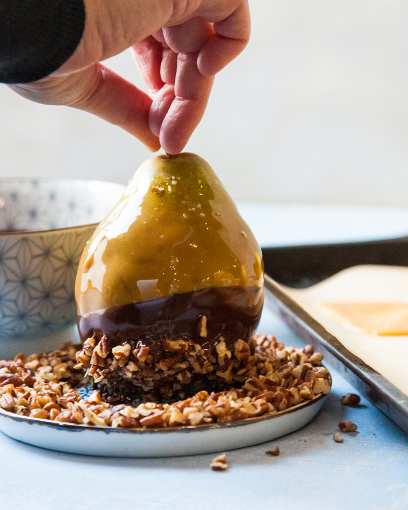 caramel and chocolate dipped holiday pears