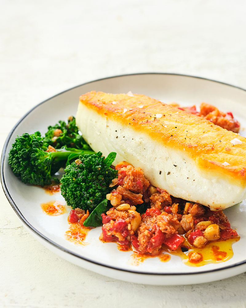 pan roasted halibut with broccolini and romesco
