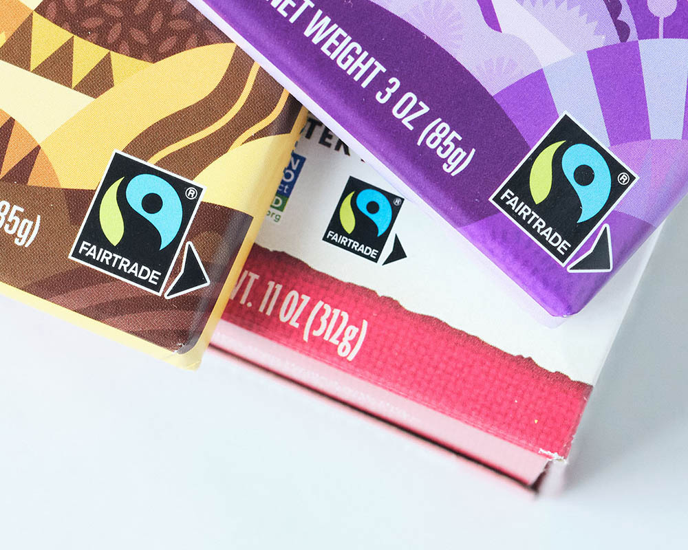Close up image of Fair Trade logo on food packaging.