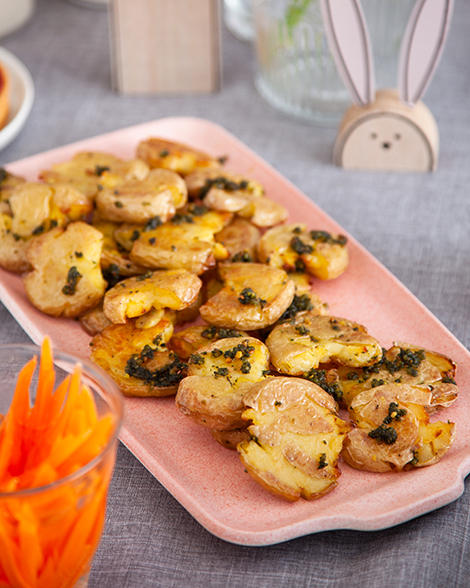 roasted smashed potatoes with carrot top pesto