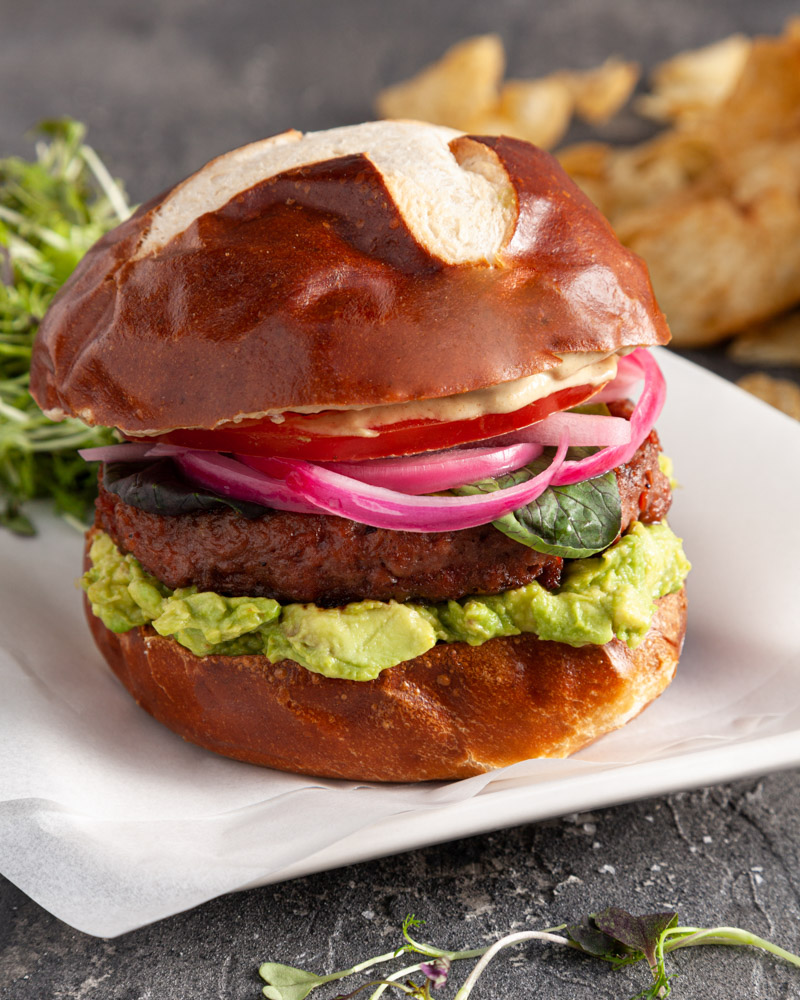 Plant Based Burgers On Pretzel Rolls