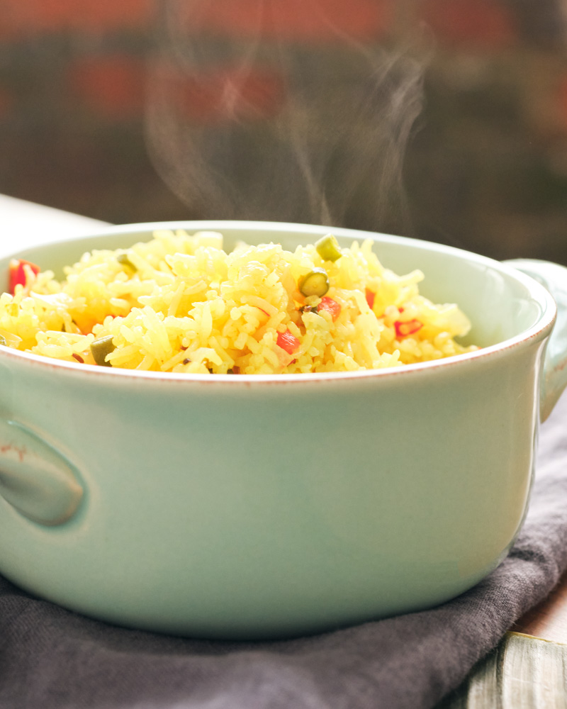 spiced indian style vegetable pulao (long grain rice) with vegetables