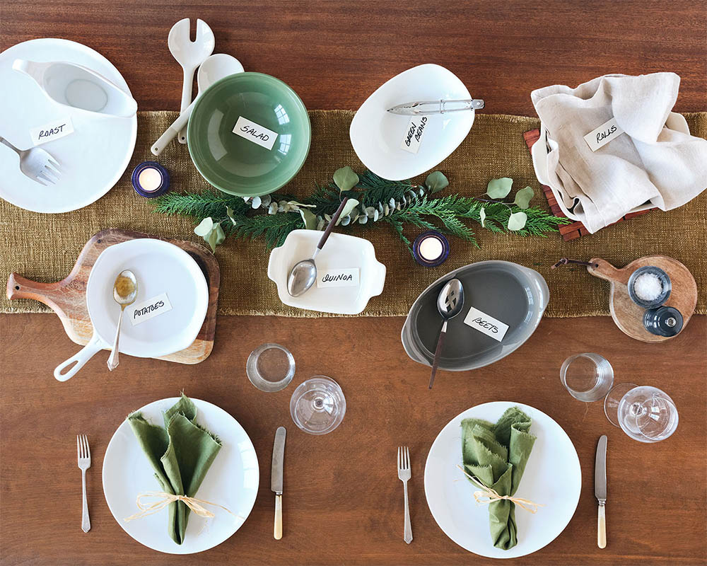 Different types of dishes on a thanksgiving holiday table labeled with types of food to match the dish