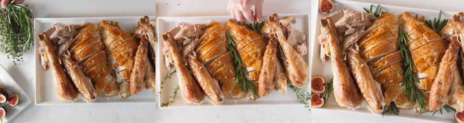 Pieces of neatly arranged carved roasted turkey