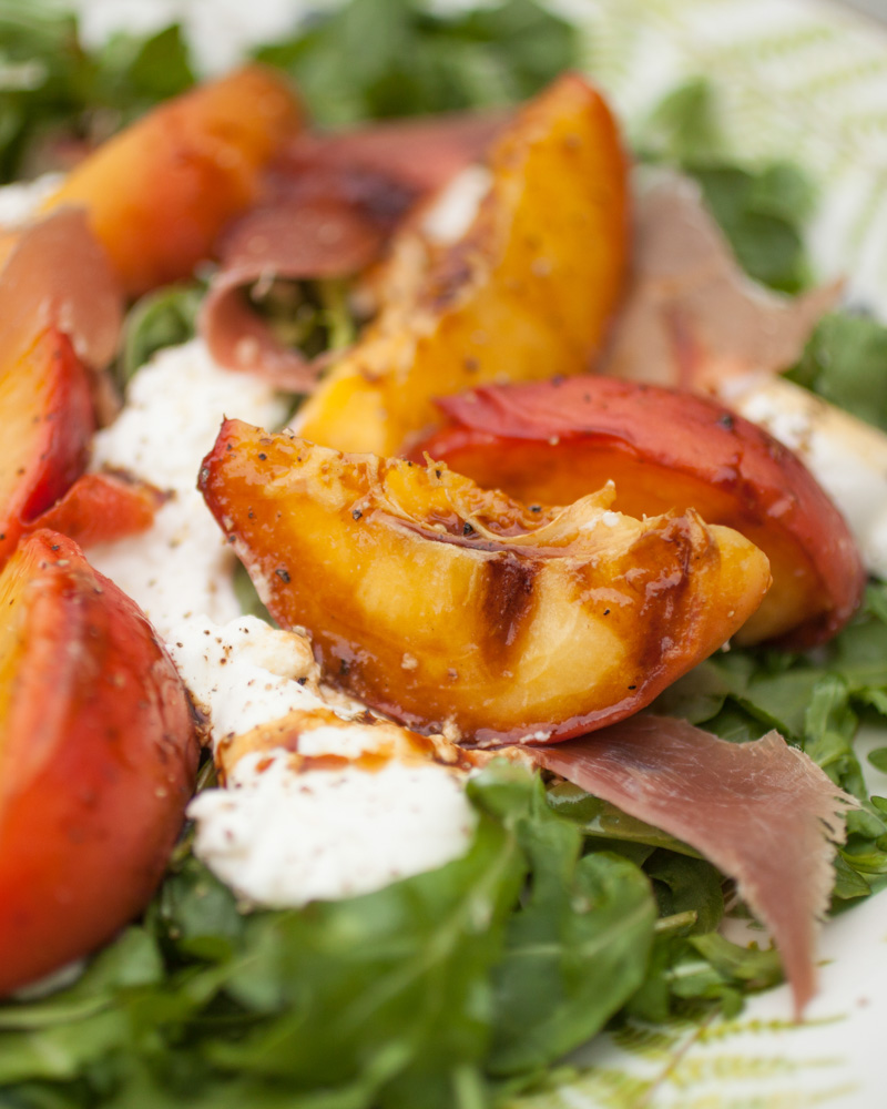 grilled peach, arugula, and fresh mozzarella salad