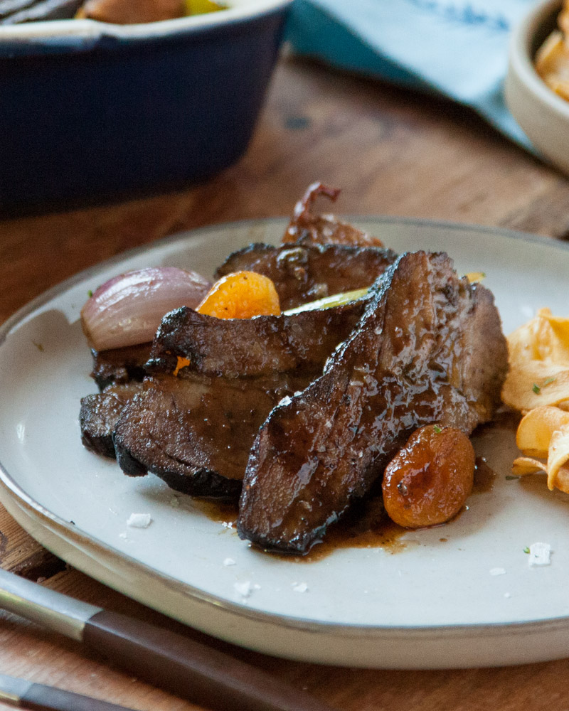 balsamic brisket with red wine, figs, and apricots
