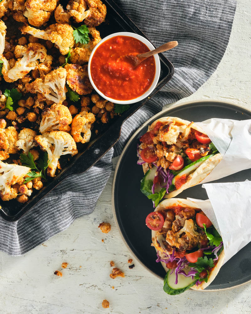 sheet pan roasted chickpea and cauliflower pita