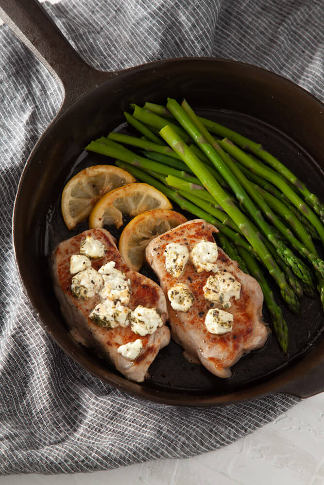 pork chops with herbed goat cheese and asparagus
