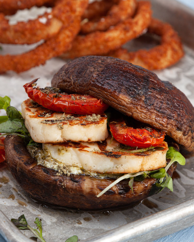 halloumi burger on portobello mushroom buns