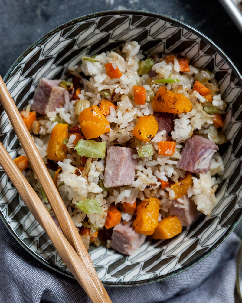 sheet pan fried rice with kurobuta ham and butternut squash