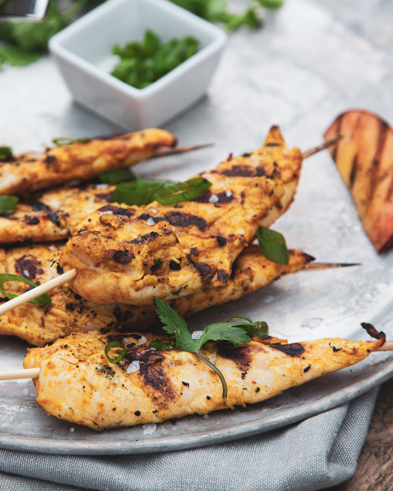 grilled chicken masala skewers with peaches