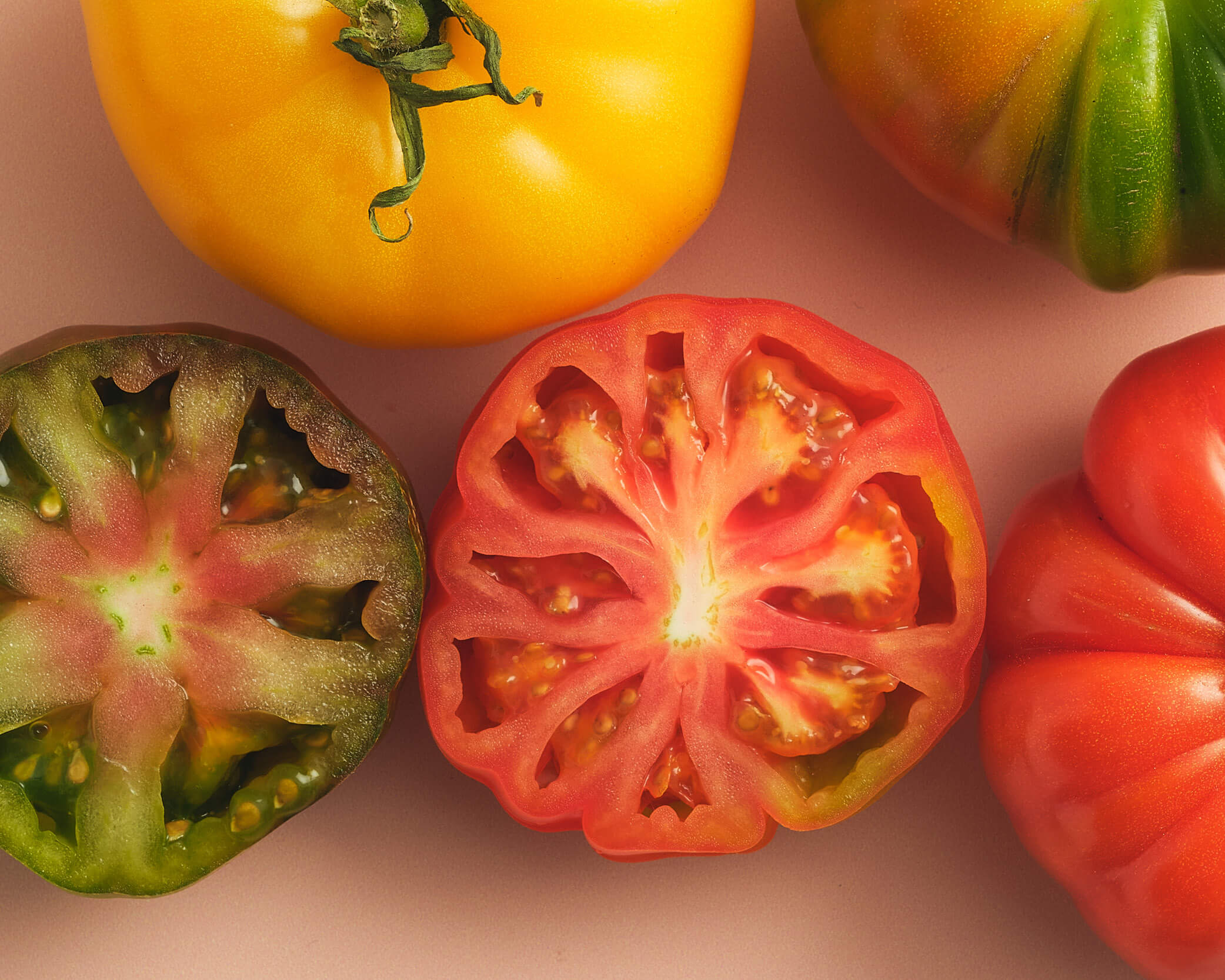 Halved heirloom tomatoes