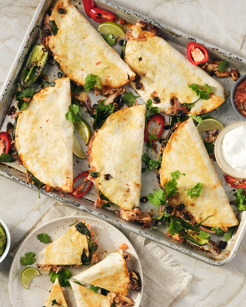 sheet-pan chicken quesadillas