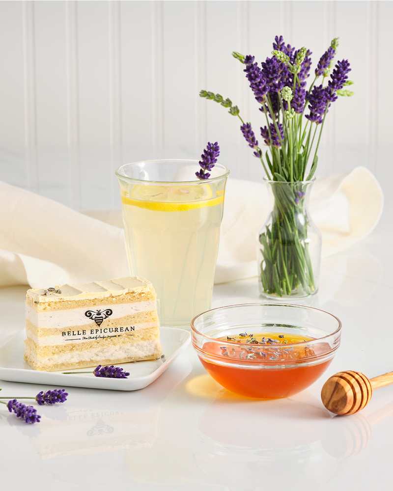 Lavender flowers with lemonade, cake, and honey