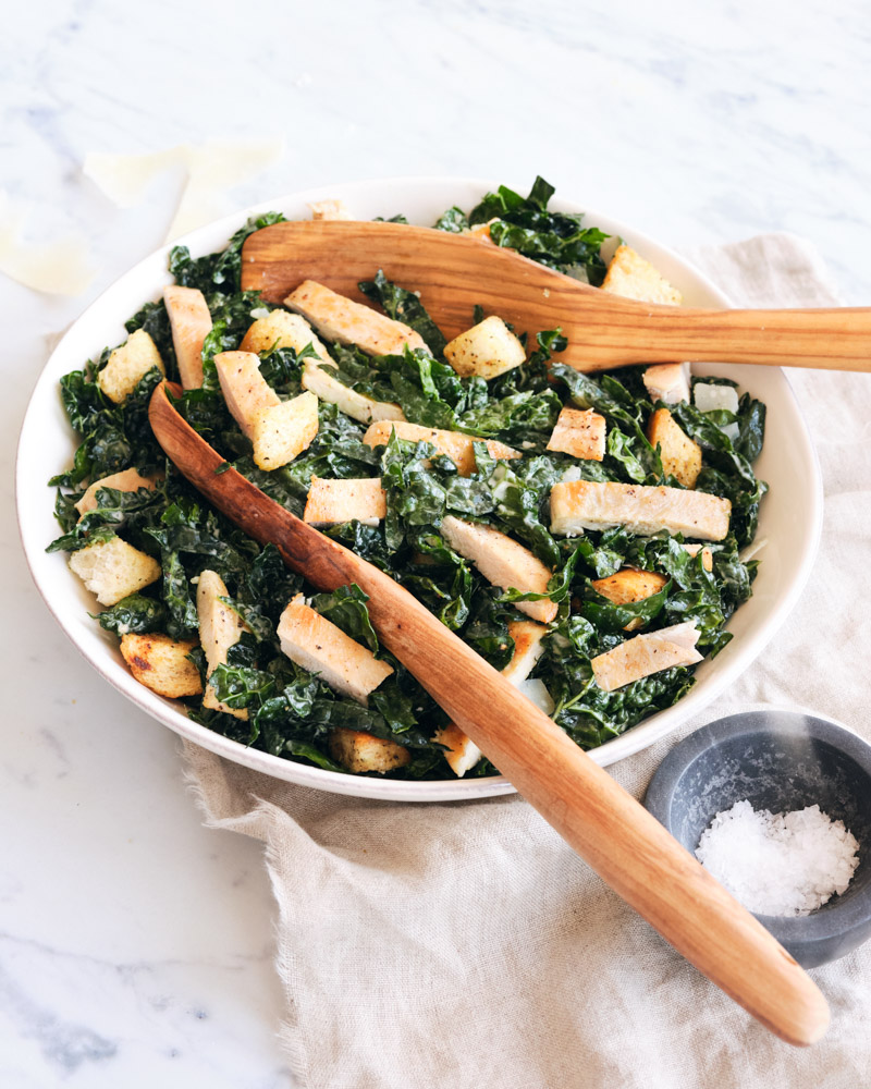 kale caesar salad with parmesan chicken