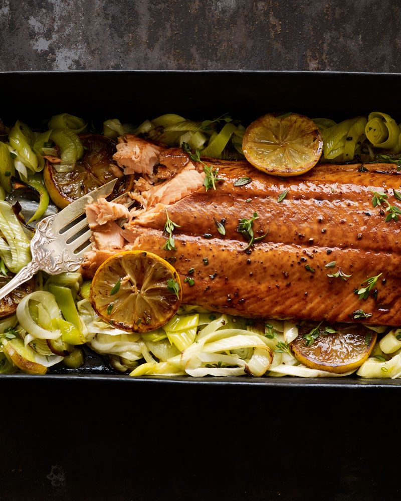pan roasted salmon with lemons and leeks