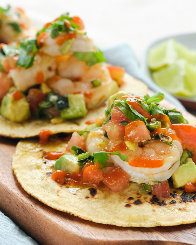 shrimp tacos with avocado tomato salsa