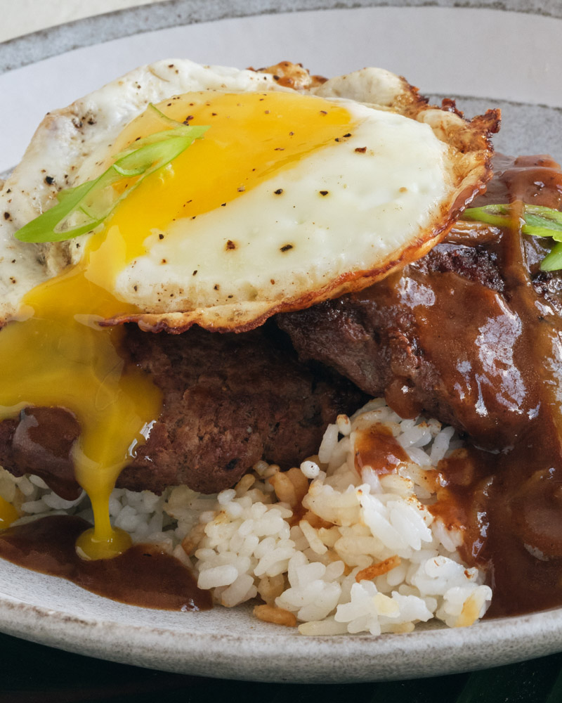 loco moco (beef patties, fried eggs, and gravy)