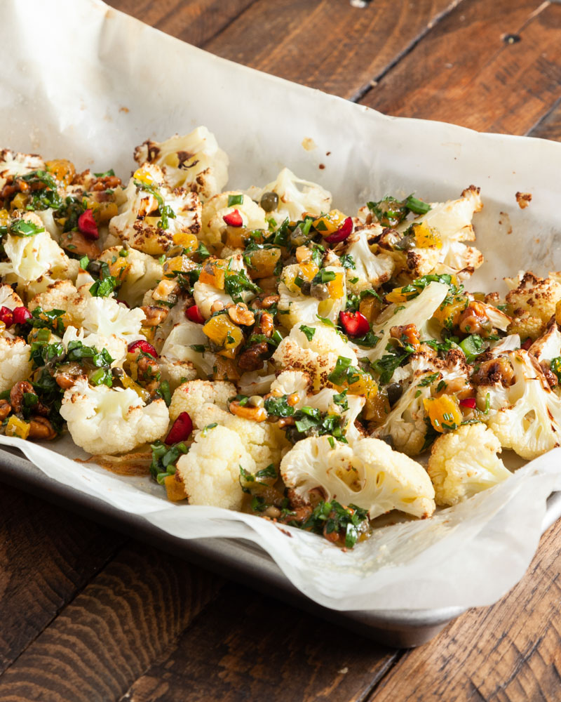 roasted cauliflower with walnut, caper, and apricot salsa