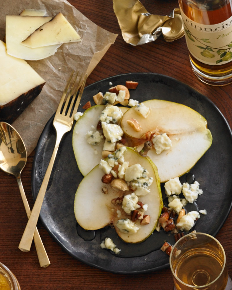 holiday pears with blue cheese, nuts, and honey