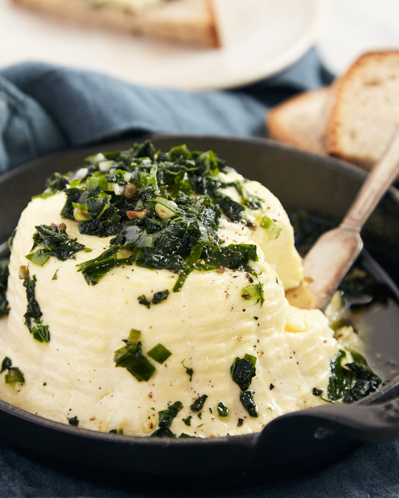 baked ricotta with nettle and ramp chimichurri