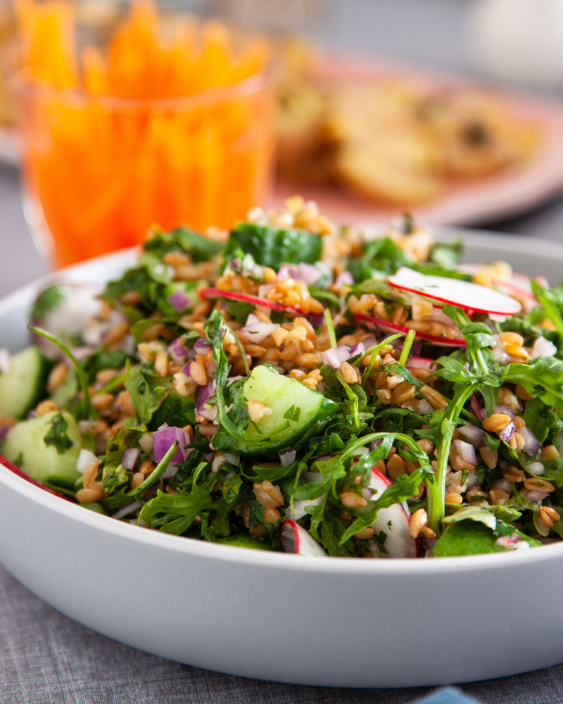 einkorn salad with spring greens and herbs
