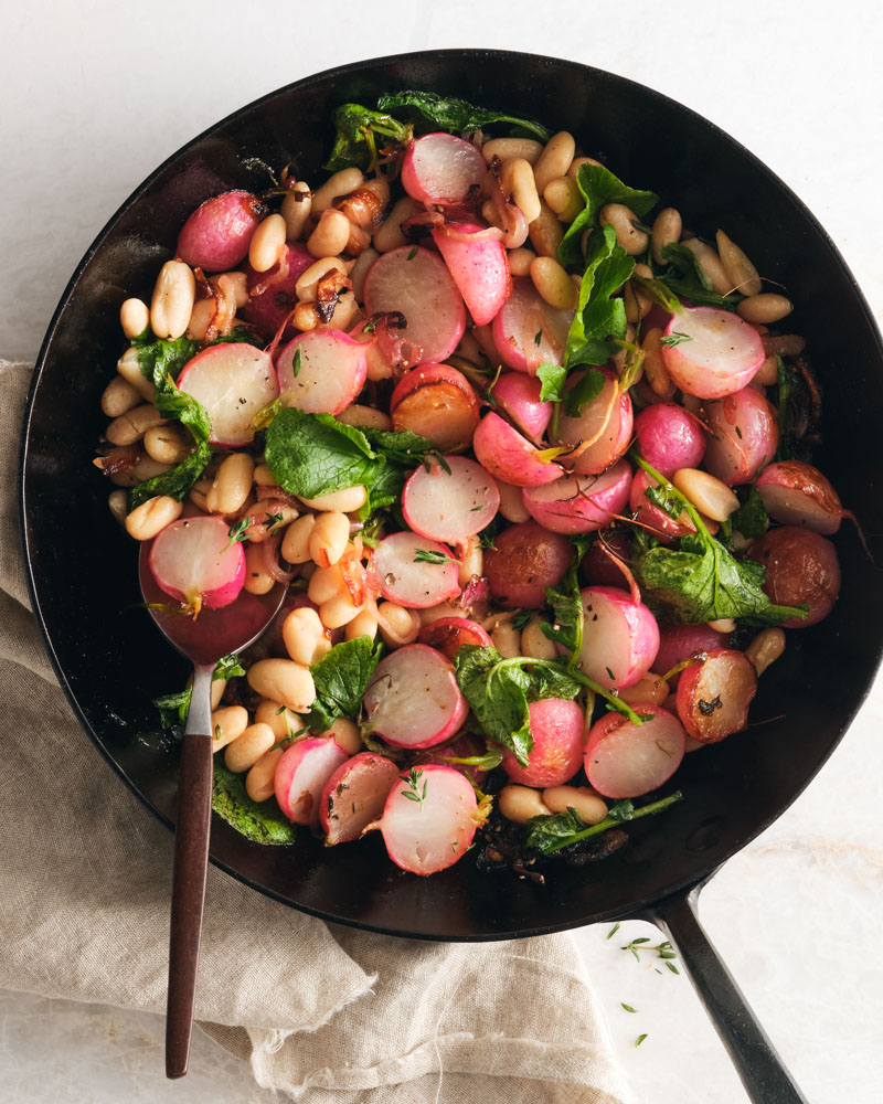 butter roasted radishes with white beans and thyme
