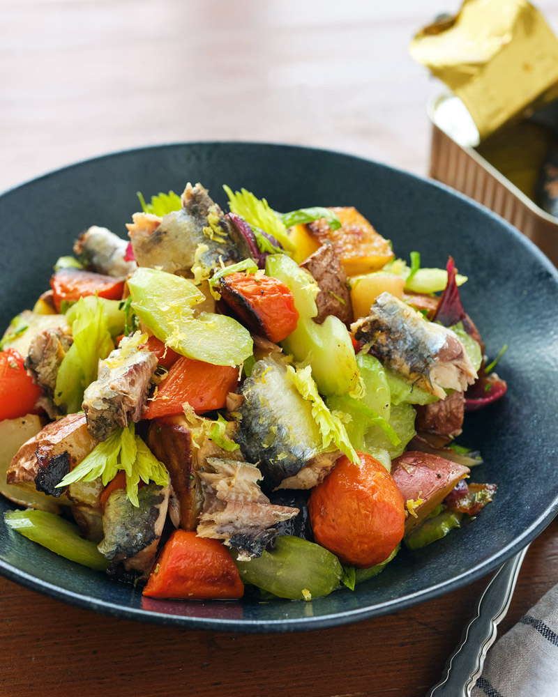 scandinavian warm root salad with sardines