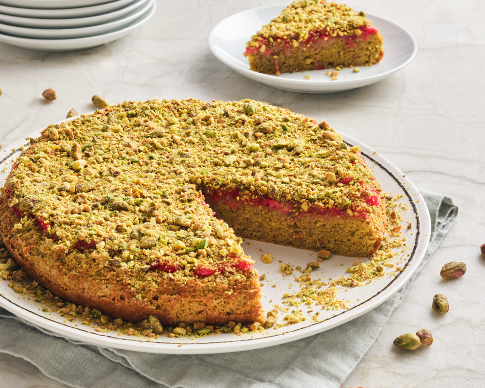 Pistachio cake with rhubarb