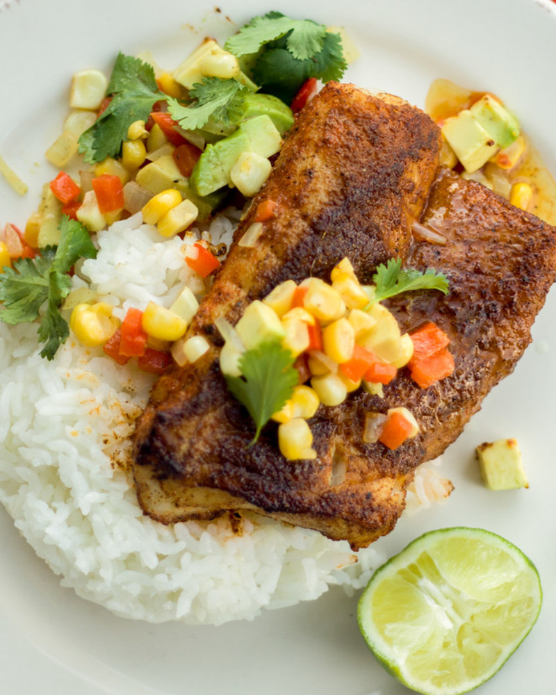 blackened rockfish with avocado and corn salsa