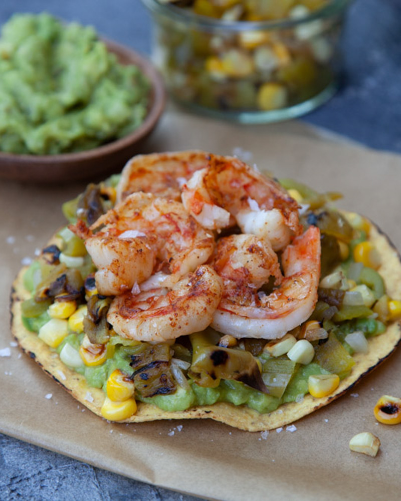 grilled shrimp and hatch chile tostadas