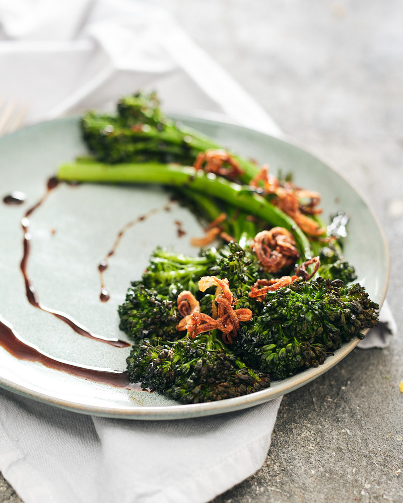 roasted broccolini with balsamic and fried onions