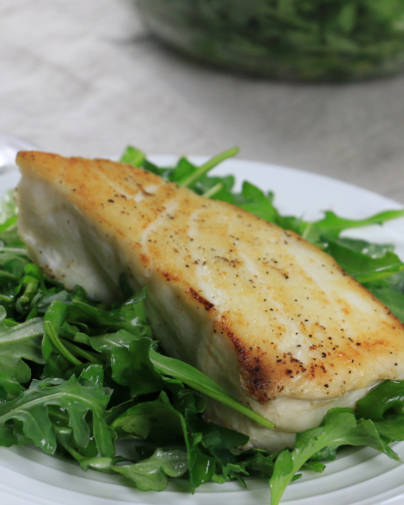 pan roasted halibut with arugula salad