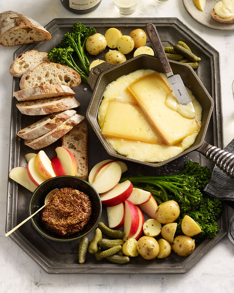skillet raclette (melted and scraped swiss cheese)