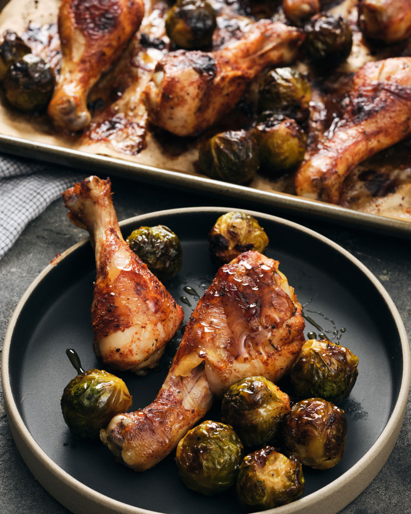 hot honey drumsticks and brussels sprouts sheet pan dinner