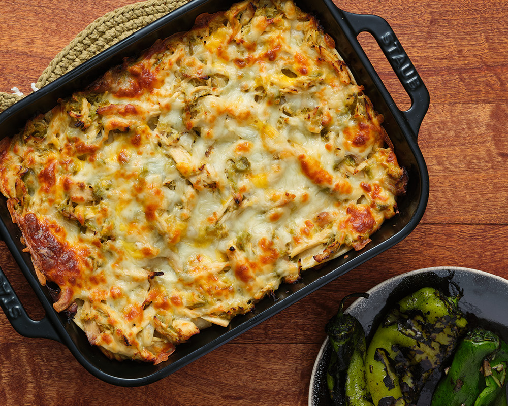 Hatch chile chicken enchilada casserole with roasted chiles