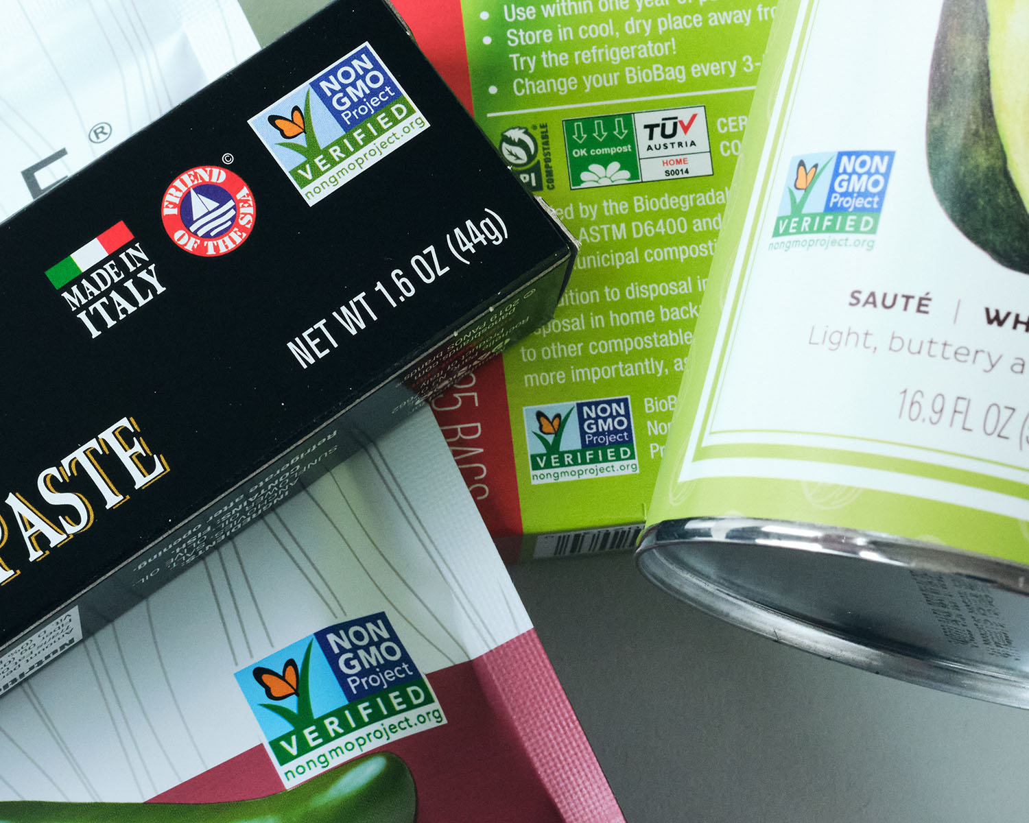 Close up image of Non-GMO label on food packages.