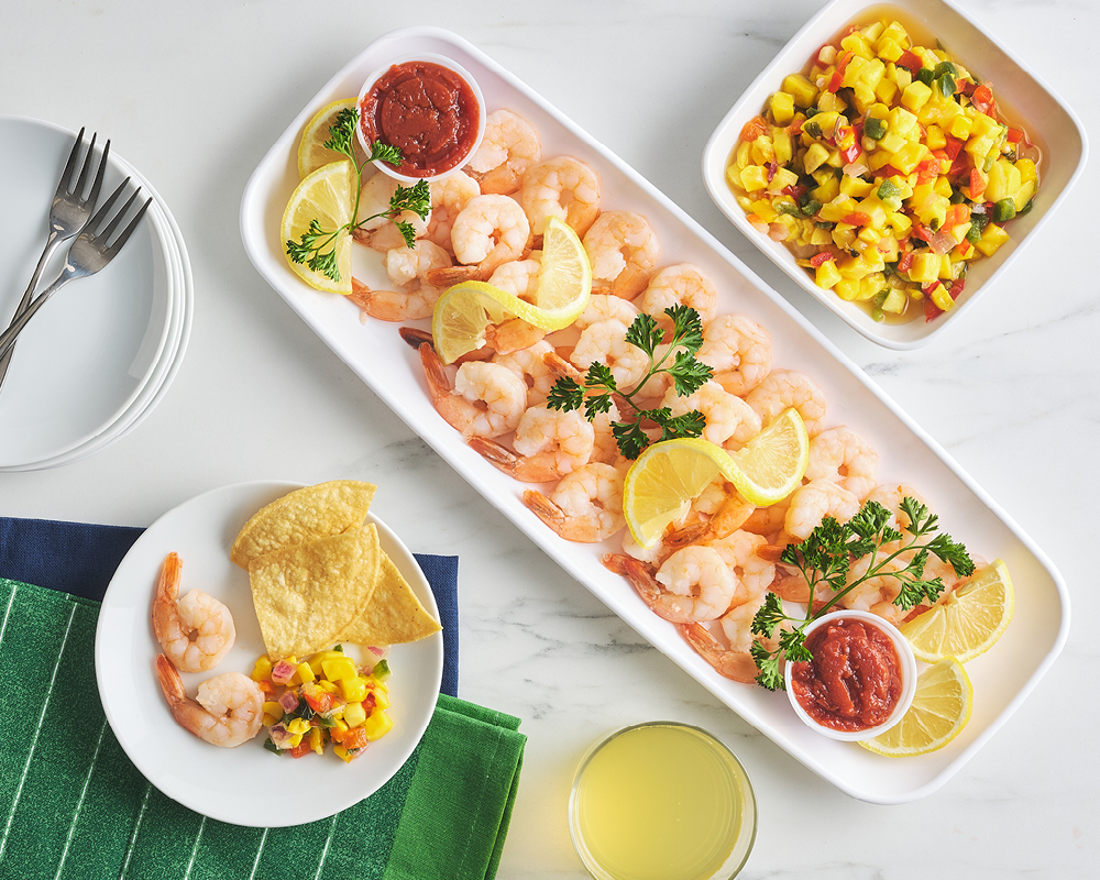 Cooked prawn platter and mango salsa