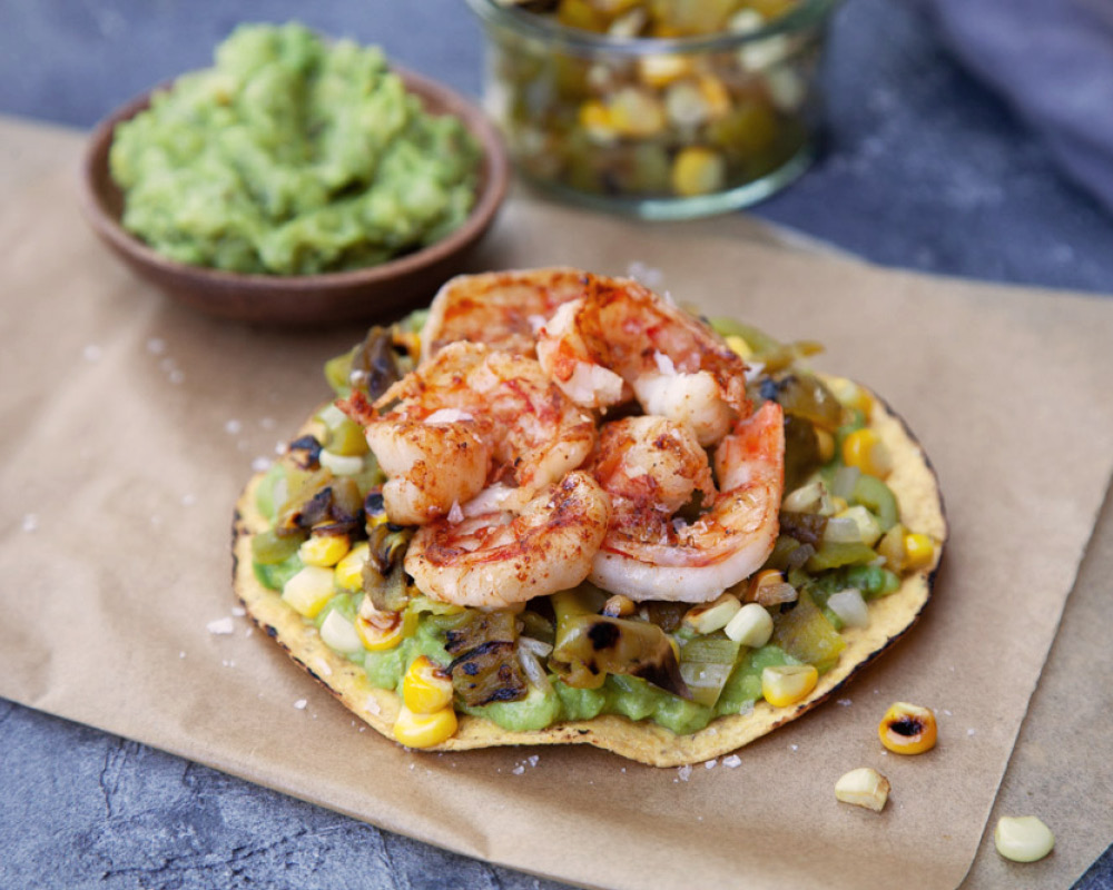 Grilled shrimp and Hatch chile tostadas