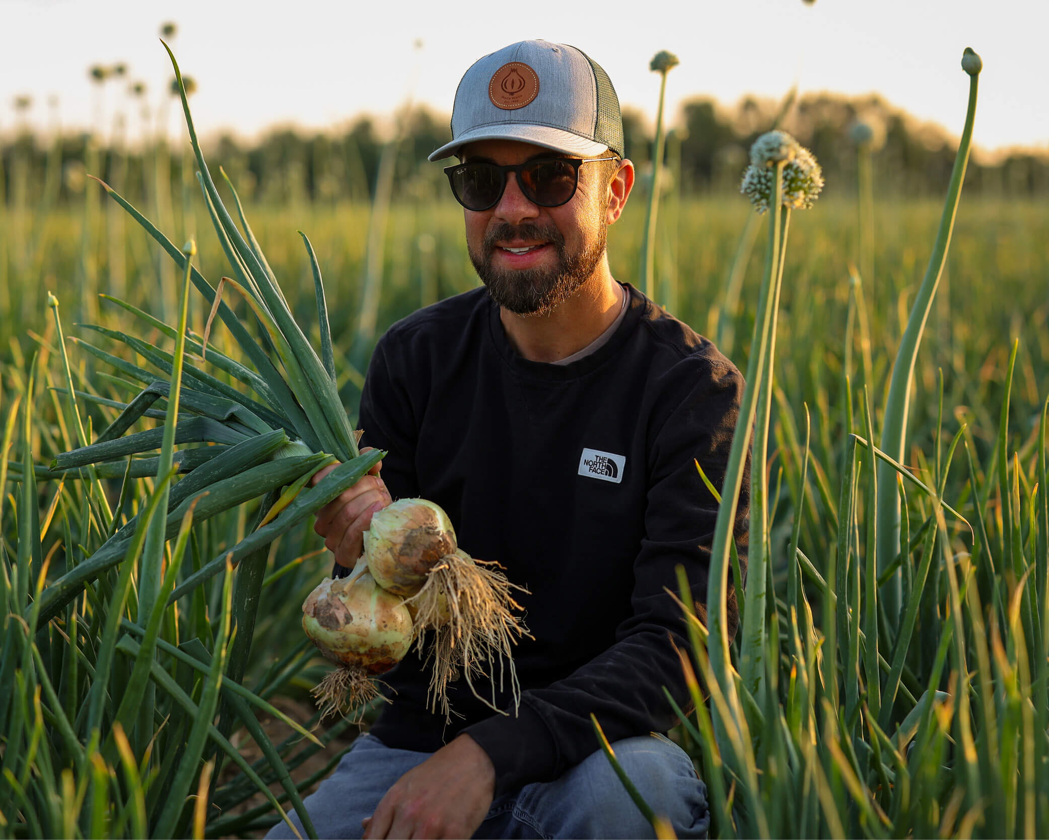 Michael Locati in onion field holding crop