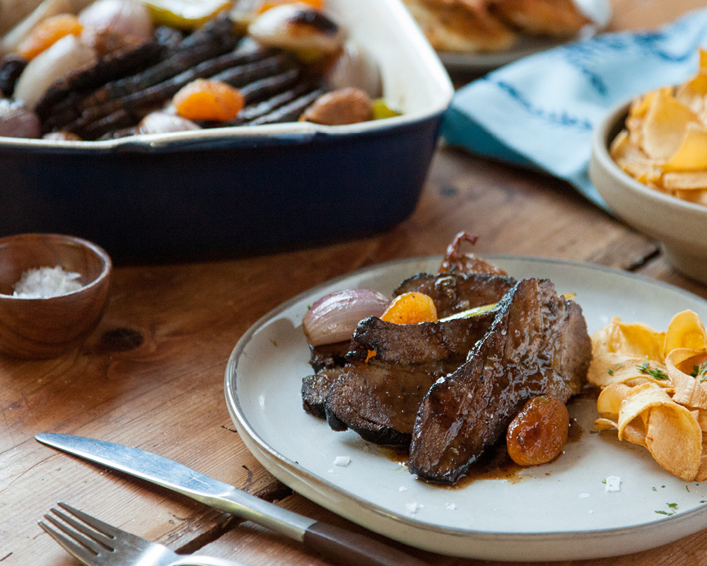 Plate of balsamic brisket with red wine, figs, and apricots