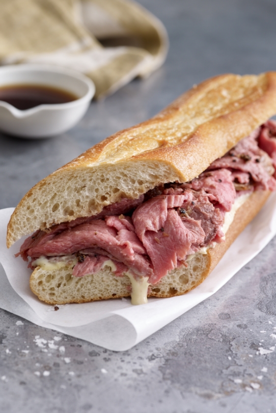 Prime Rib Sandwich on a freshly baked baguette.